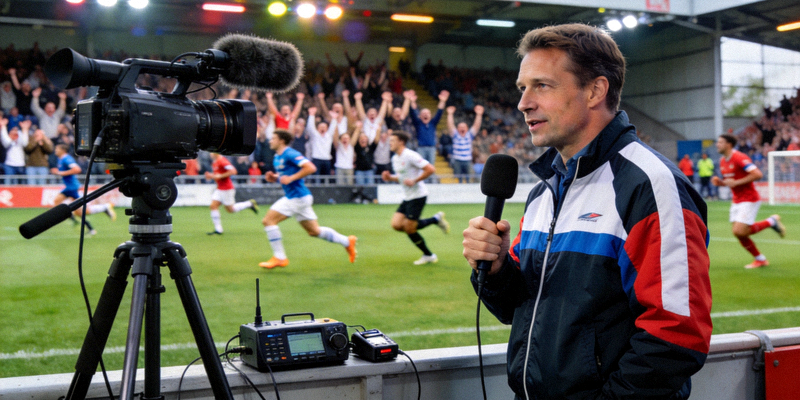 体育记者使用专业设备在赛场边进行采访报道的工作场景